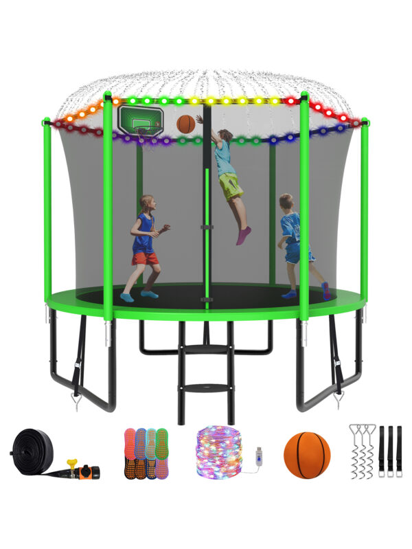 Alpha Series Trampoline with Basketball Hoop and Light, Sprinkler & Sock Set Green - 10FT