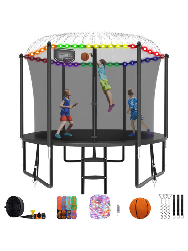 Alpha Series Trampoline with Basketball Hoop and Light, Sprinkler & Sock Set Black - 10FT