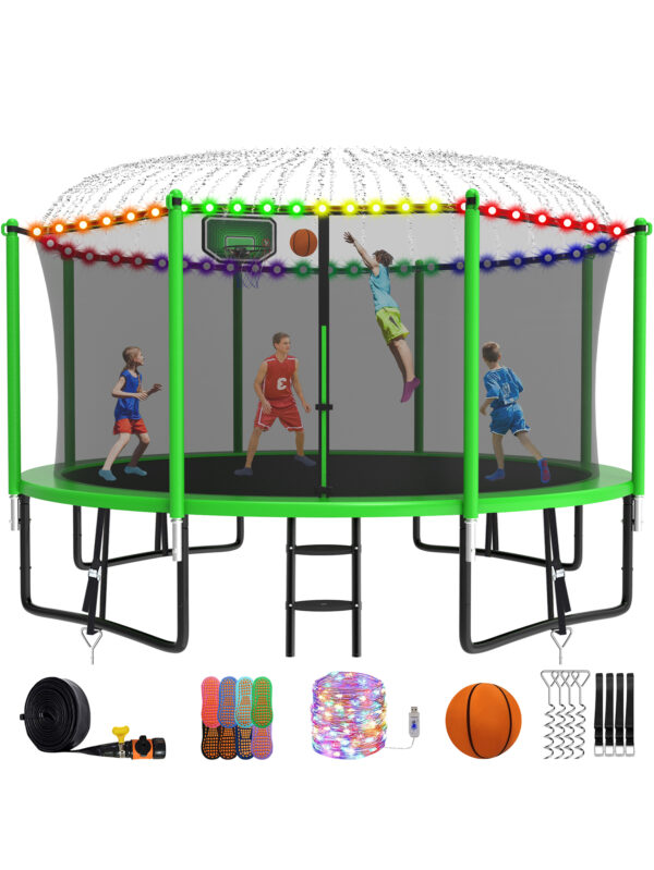 Alpha Series Trampoline with Basketball Hoop and Light, Sprinkler & Sock Set Green - 12FT