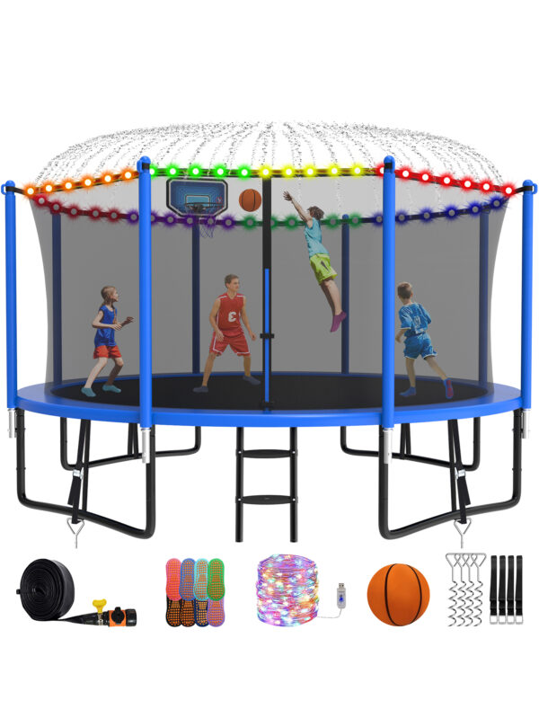 Alpha Series Trampoline with Basketball Hoop and Light, Sprinkler & Sock Set Blue - 12FT