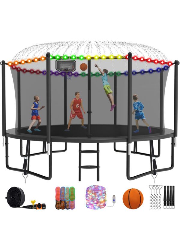 Alpha Series Trampoline with Basketball Hoop and Light, Sprinkler & Sock Set Black - 12FT