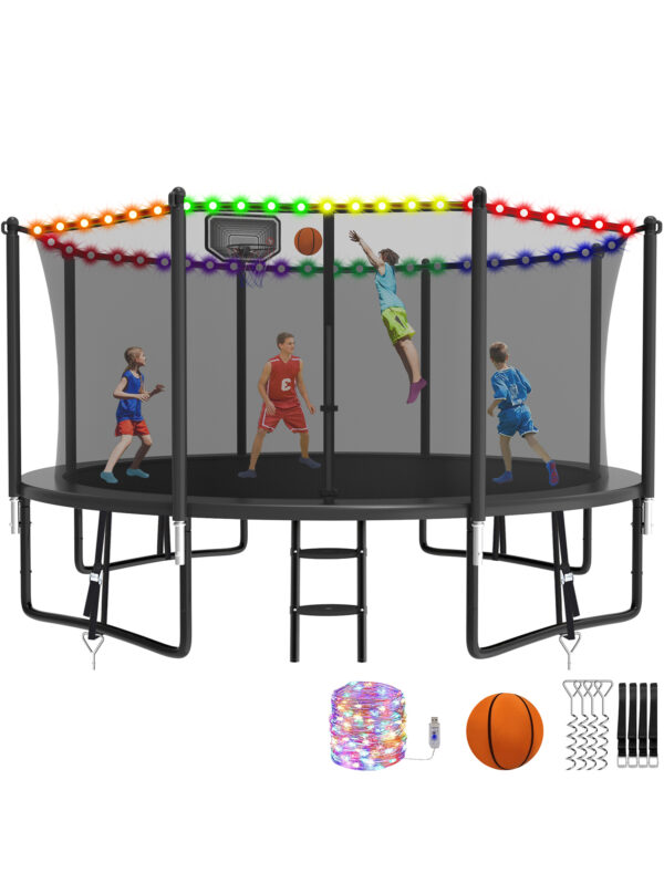 Alpha Series Trampoline with Basketball Hoop and Light Black - 12FT