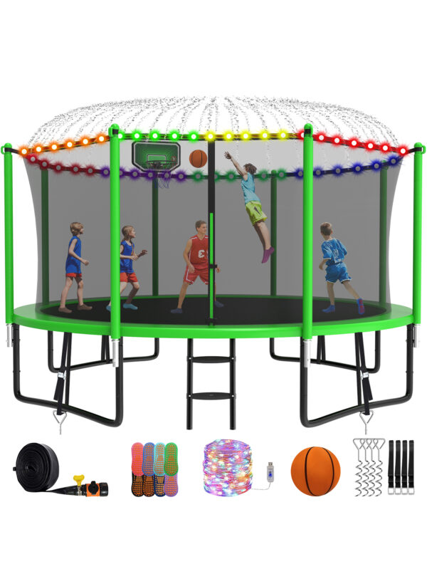 Alpha Series Trampoline with Basketball Hoop and Light, Sprinkler & Sock Set Green - 14FT