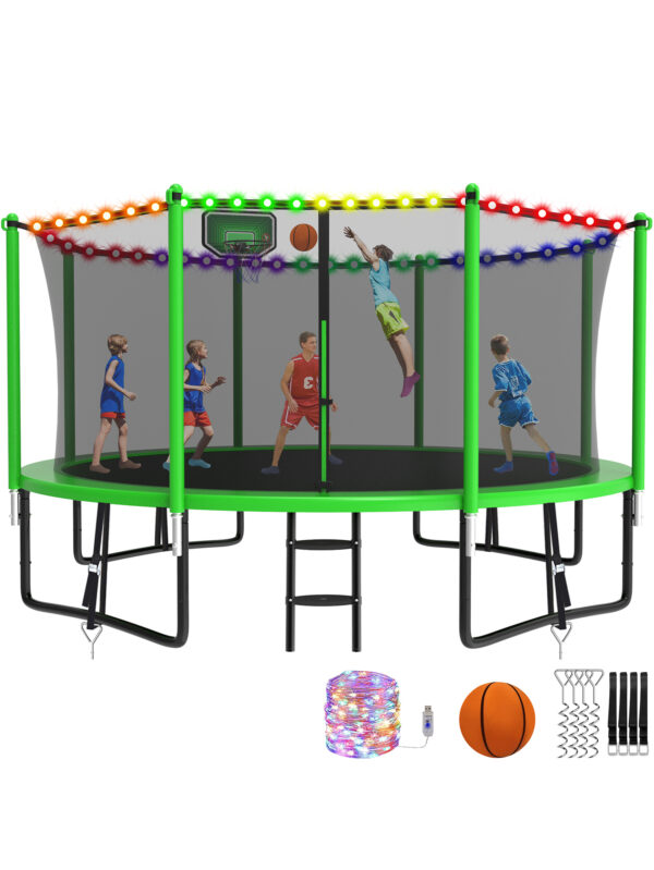Alpha Series Trampoline with Basketball Hoop and Light Green - 14FT