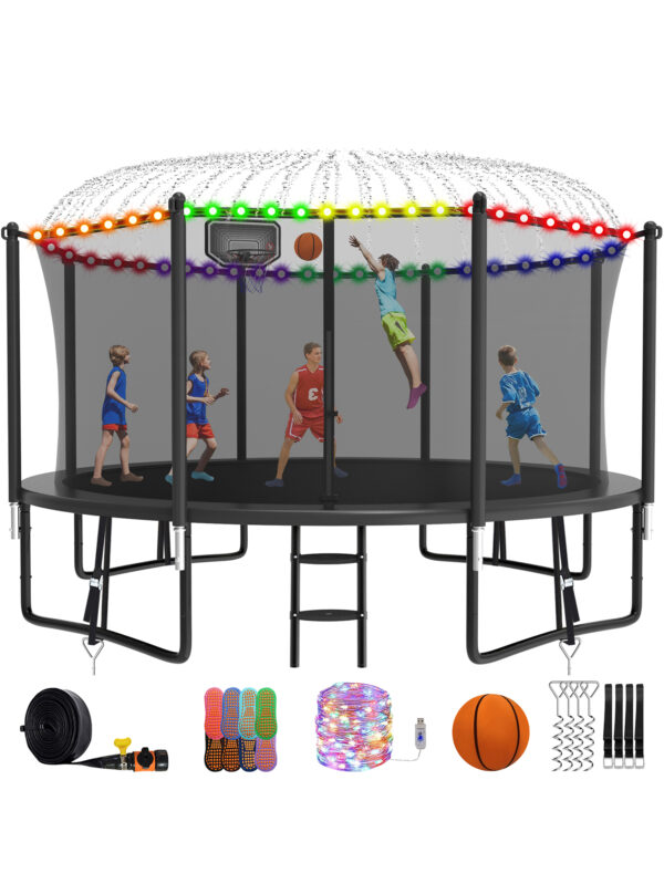 Alpha Series Trampoline with Basketball Hoop and Light, Sprinkler & Sock Set Black - 14FT