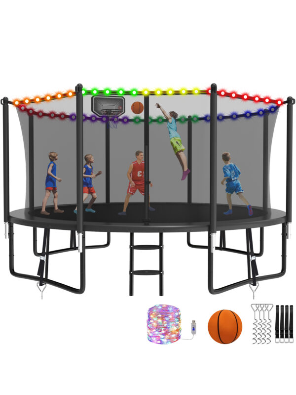 Alpha Series Trampoline with Basketball Hoop and Light Black - 14FT