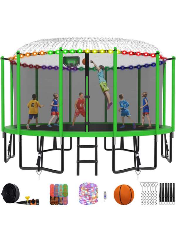 Alpha Series Trampoline with Basketball Hoop and Light, Sprinkler & Sock Set Green - 15FT