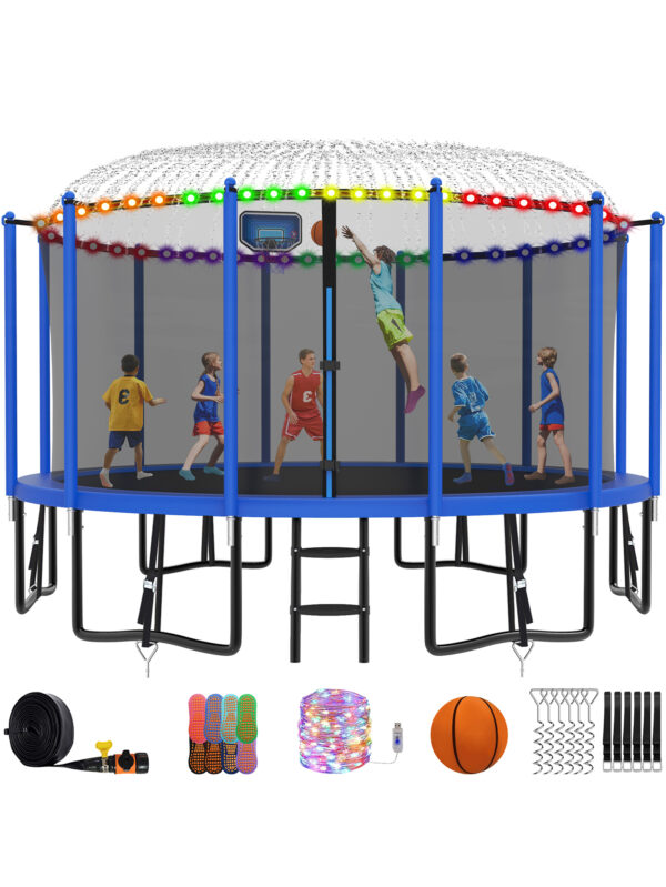 Alpha Series Trampoline with Basketball Hoop and Light, Sprinkler & Sock Set Blue - 15FT