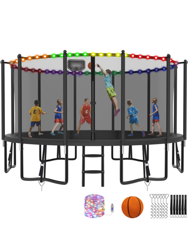 Alpha Series Trampoline with Basketball Hoop and Light Black - 15FT