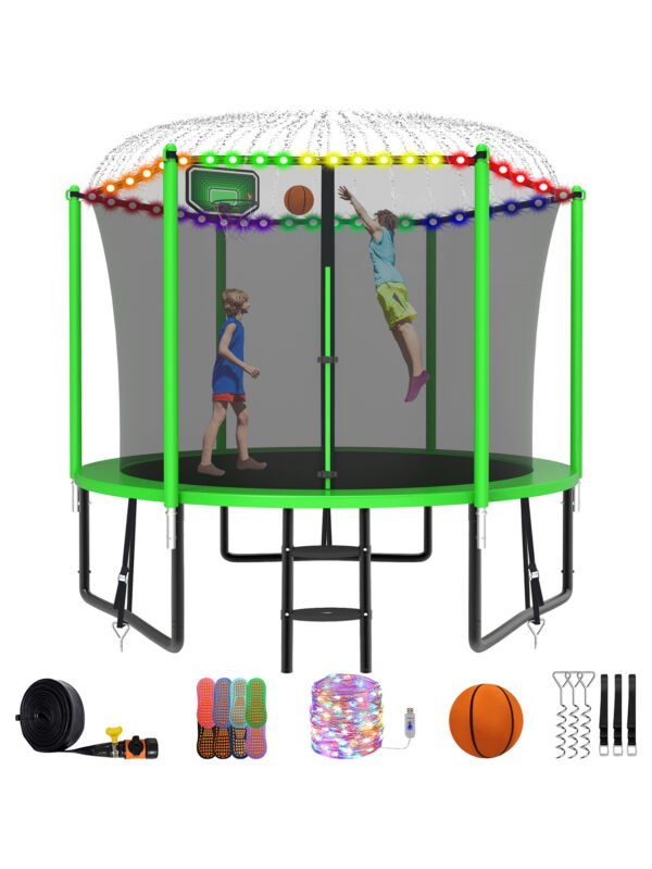 Alpha Series Trampoline with Basketball Hoop and Light, Sprinkler & Sock Set Green - 8FT