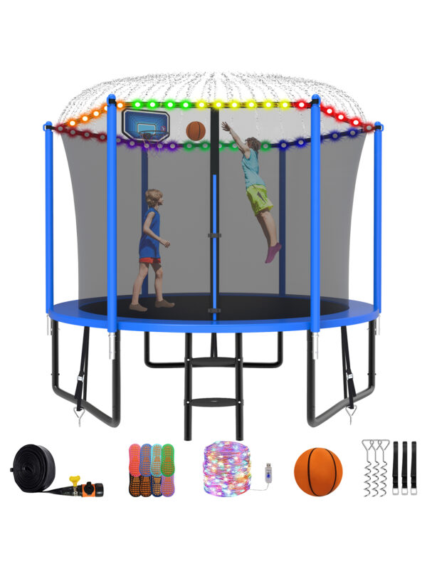 Alpha Series Trampoline with Basketball Hoop and Light, Sprinkler & Sock Set Blue - 8FT