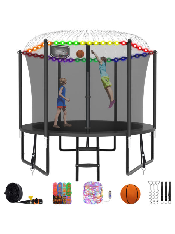 Alpha Series Trampoline with Basketball Hoop and Light, Sprinkler & Sock Set Black - 8FT