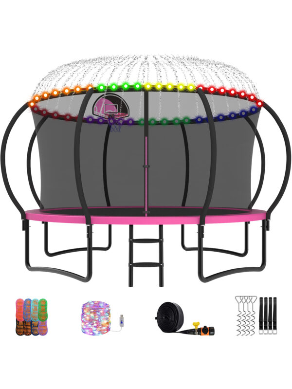 Beta Series Trampoline with Basketball Hoop and Light, Sprinkler & Sock Set Pink - 12FT