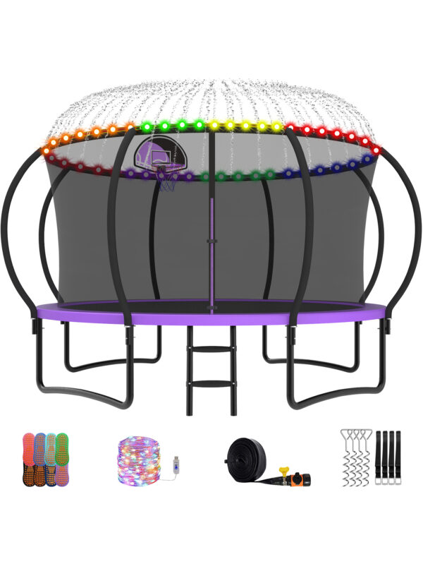 Beta Series Trampoline with Basketball Hoop and Light, Sprinkler & Sock Set Purple - 12FT