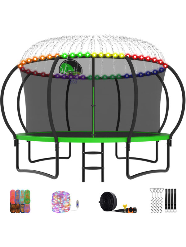 Beta Series Trampoline with Basketball Hoop and Light, Sprinkler & Sock Set Green - 12FT
