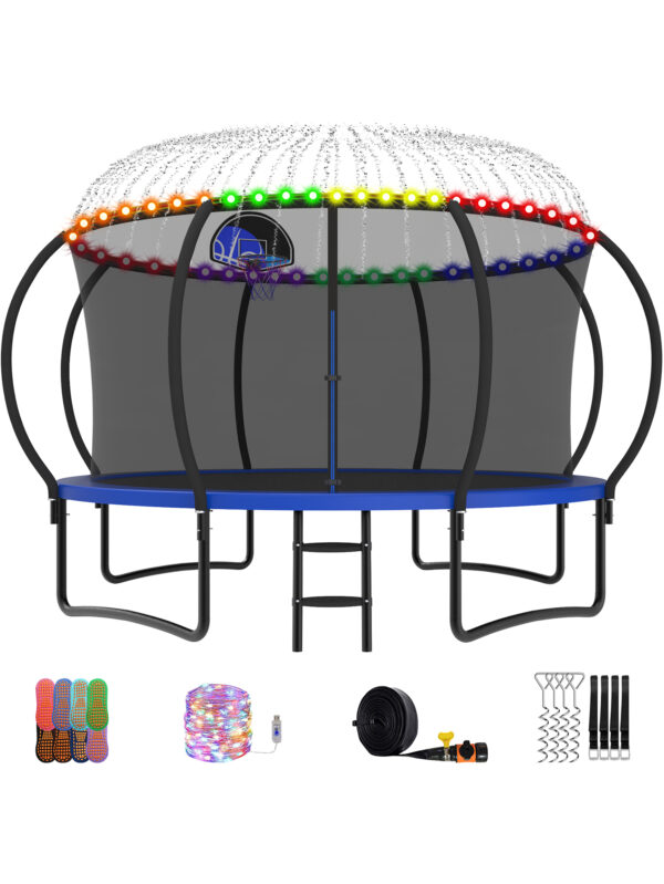 Beta Series Trampoline with Basketball Hoop and Light, Sprinkler & Sock Set Blue - 14FT