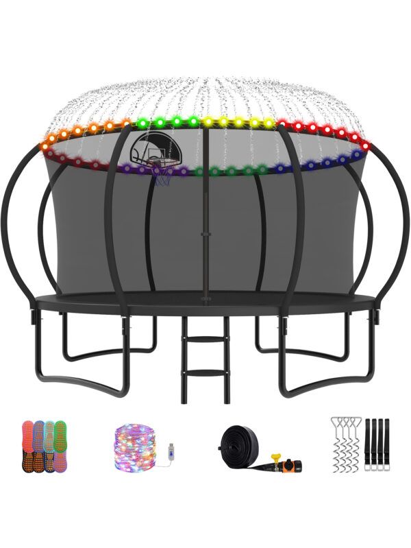 Beta Series Trampoline with Basketball Hoop and Light, Sprinkler & Sock Set Black - 12FT