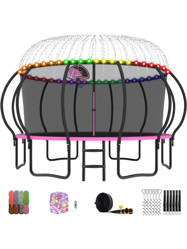 Beta Series Trampoline with Basketball Hoop and Light, Sprinkler & Sock Set Pink - 15FT