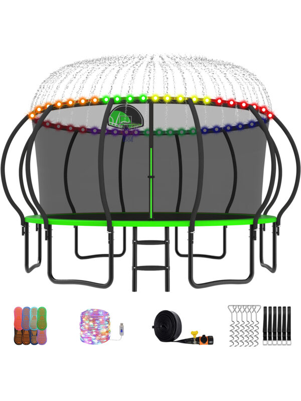 Beta Series Trampoline with Basketball Hoop and Light, Sprinkler & Sock Set Green - 15FT