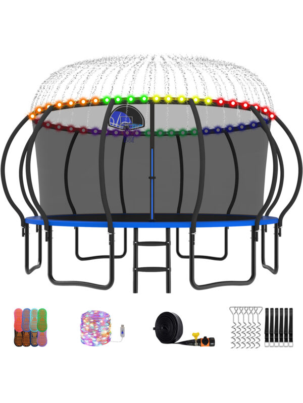 Beta Series Trampoline with Basketball Hoop and Light, Sprinkler & Sock Set Blue - 15FT