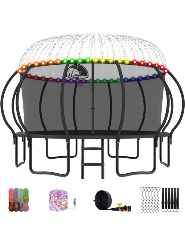 Beta Series Trampoline with Basketball Hoop and Light, Sprinkler & Sock Set Black - 15FT