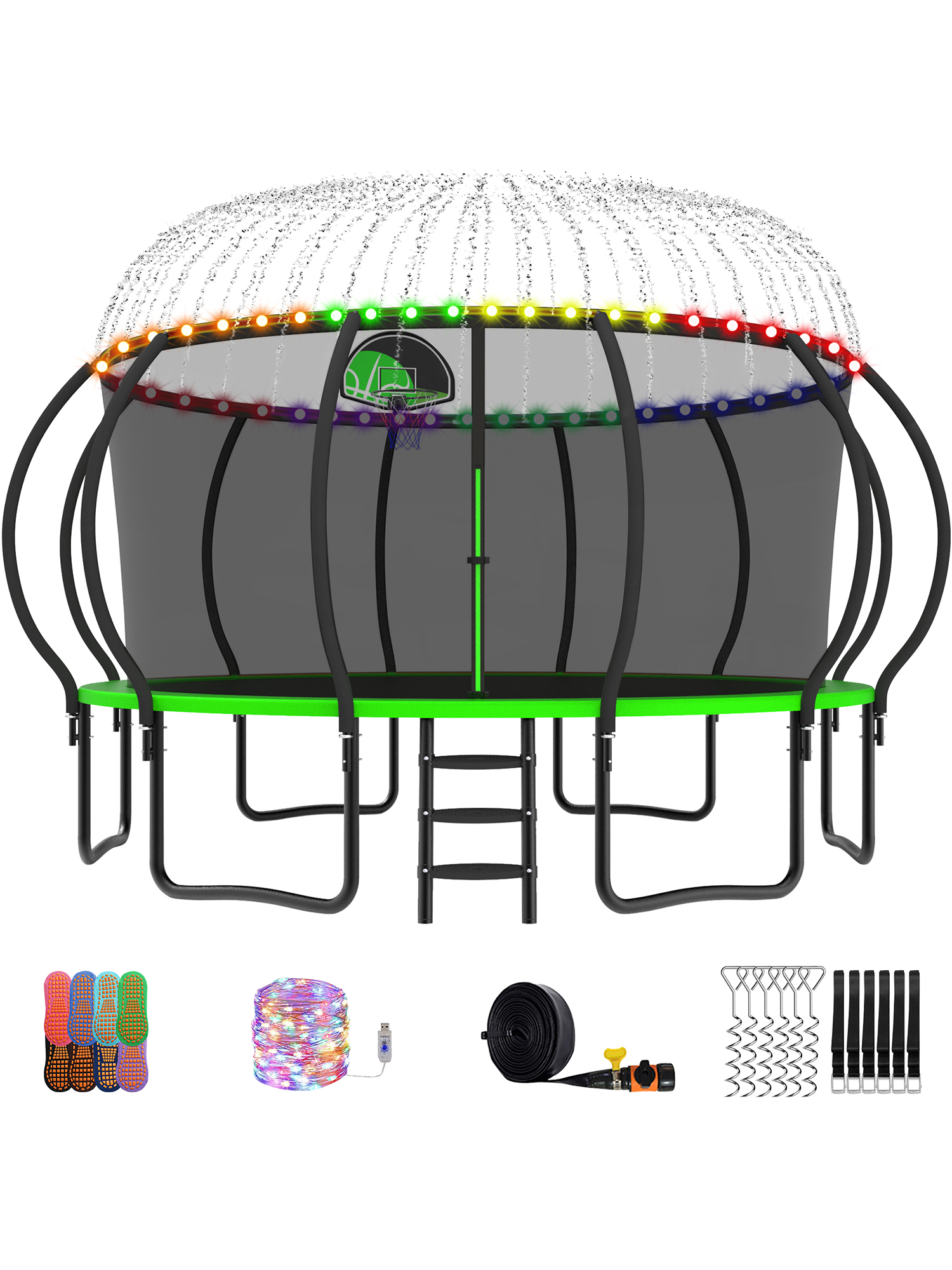 Beta Series Trampoline with Basketball Hoop and Light, Sprinkler & Sock Set Green