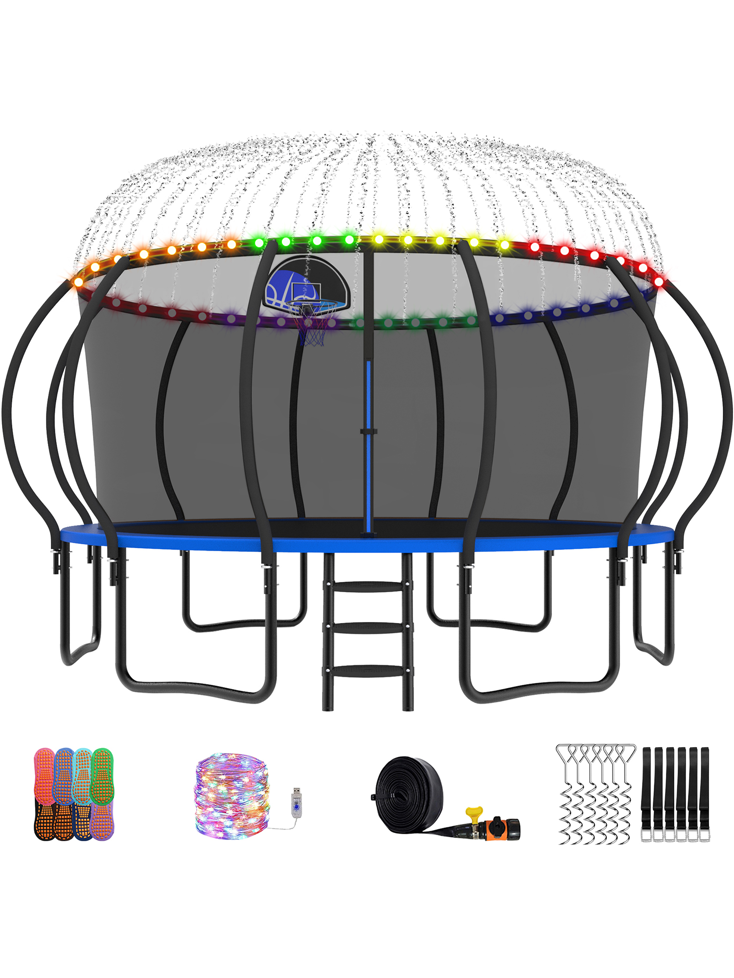 Beta Series Trampoline with Basketball Hoop and Light, Sprinkler & Sock Set Blue