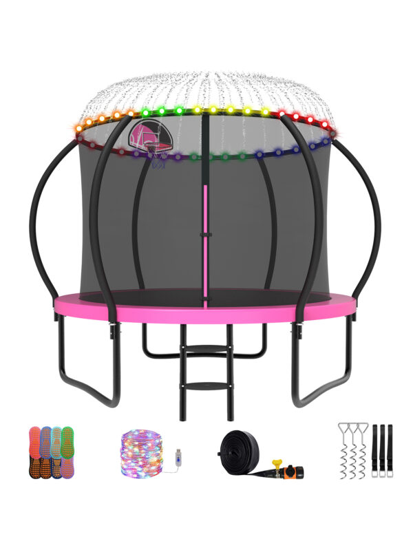 Beta Series Trampoline with Basketball Hoop and Light, Sprinkler & Sock Set Pink - 8FT