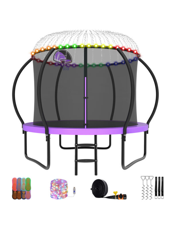 Beta Series Trampoline with Basketball Hoop and Light, Sprinkler & Sock Set Purple - 8FT