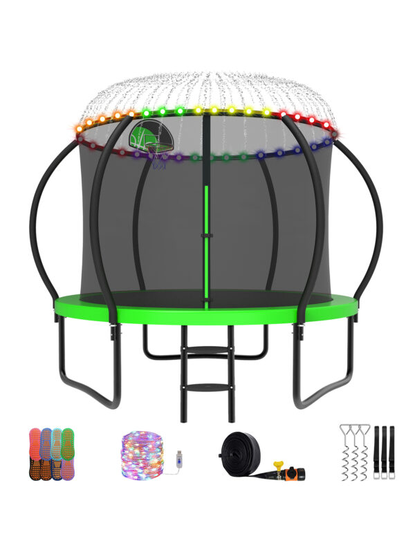 Beta Series Trampoline with Basketball Hoop and Light, Sprinkler & Sock Set Green - 8FT