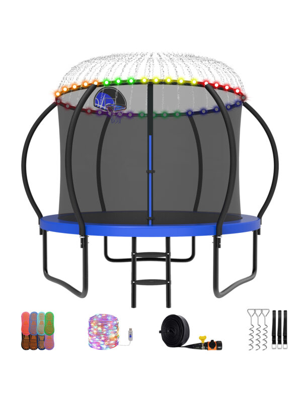 Beta Series Trampoline with Basketball Hoop and Light, Sprinkler & Sock Set Blue - 10FT