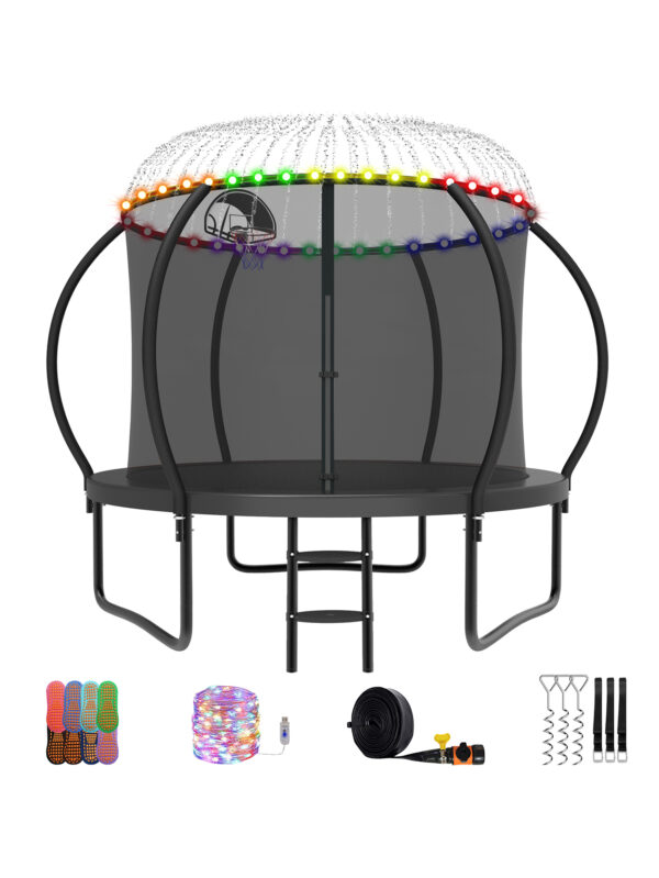 Beta Series Trampoline with Basketball Hoop and Light, Sprinkler & Sock Set Black - 8FT