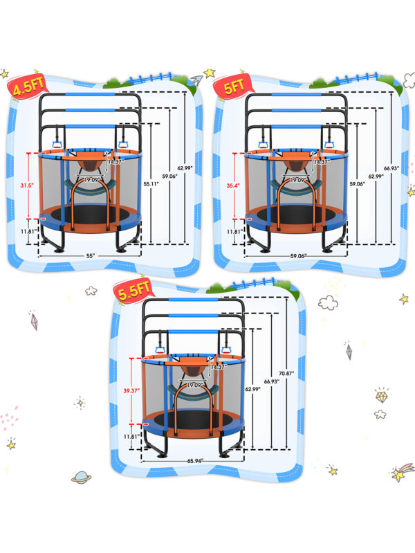 Delta Series Trampoline with Basketball Hoop, Swing and Adjustable Gymnastics Bar	Orange - 66IN