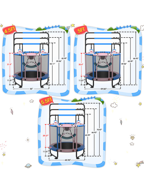 Delta Series Trampoline with Basketball Hoop, Swing and Adjustable Gymnastics Bar	Pink - 5FT