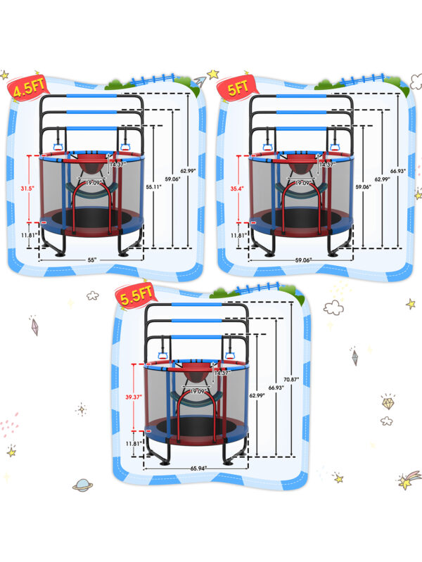 Delta Series Trampoline with Basketball Hoop, Swing and Adjustable Gymnastics Bar	Red - 5FT