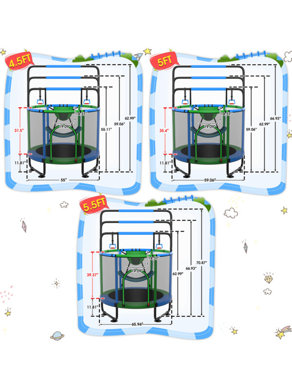 Delta Series Trampoline with Basketball Hoop, Swing and Adjustable Gymnastics Bar	Green - 66IN