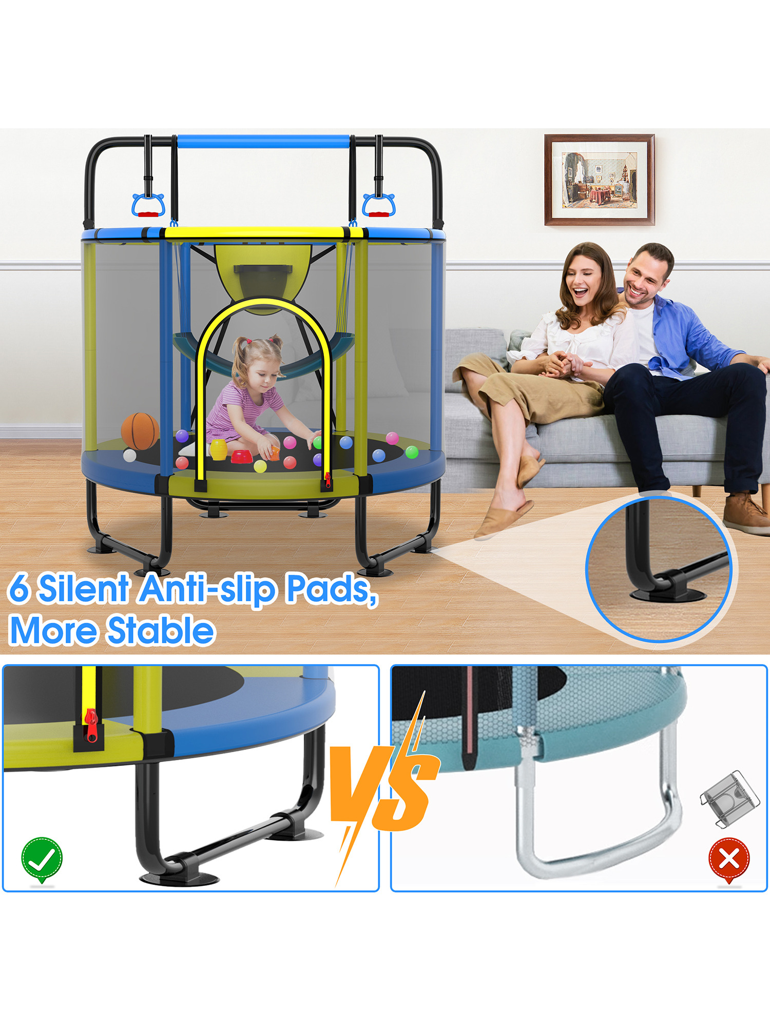 Delta Series Trampoline with Basketball Hoop, Swing and Adjustable Gymnastics Bar Yellow - Image 3