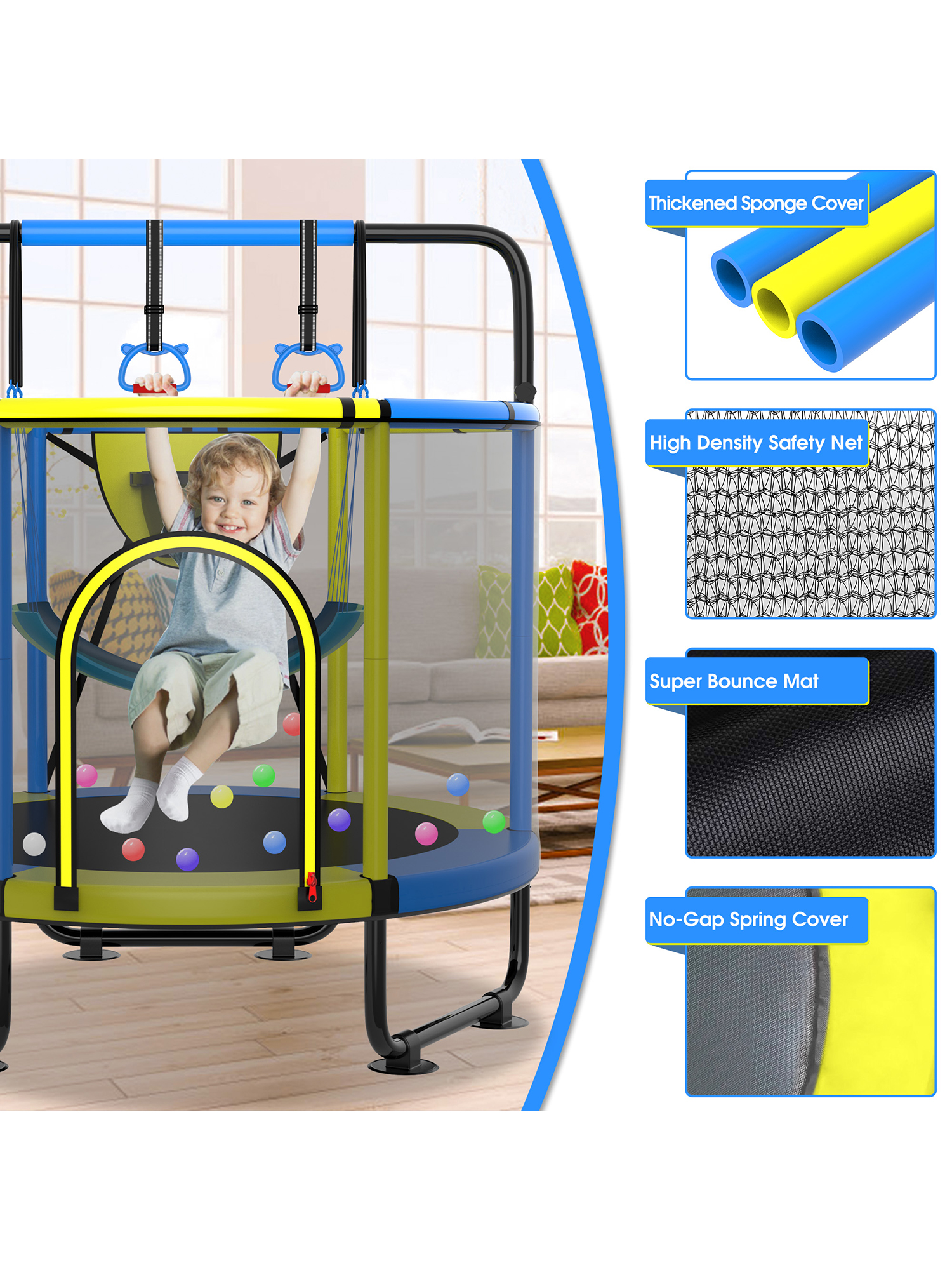 Delta Series Trampoline with Basketball Hoop, Swing and Adjustable Gymnastics Bar Yellow - Image 2