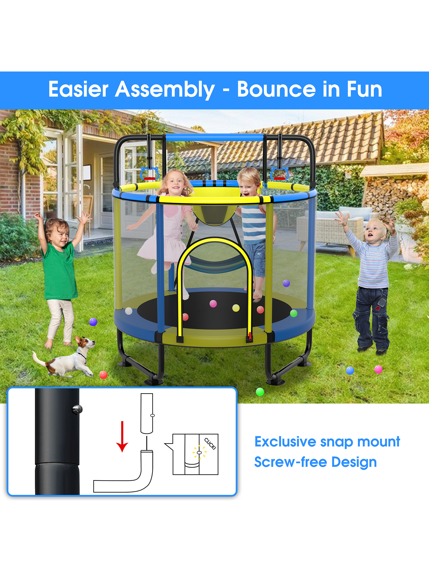 Delta Series Trampoline with Basketball Hoop, Swing and Adjustable Gymnastics Bar Yellow - Image 4