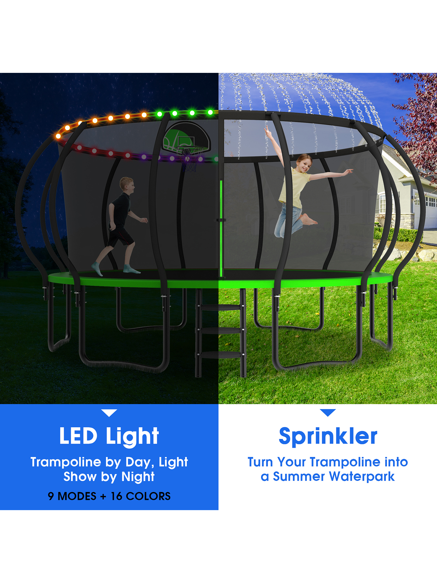 Beta Series Trampoline with Basketball Hoop and Light, Sprinkler & Sock Set Green - Image 4